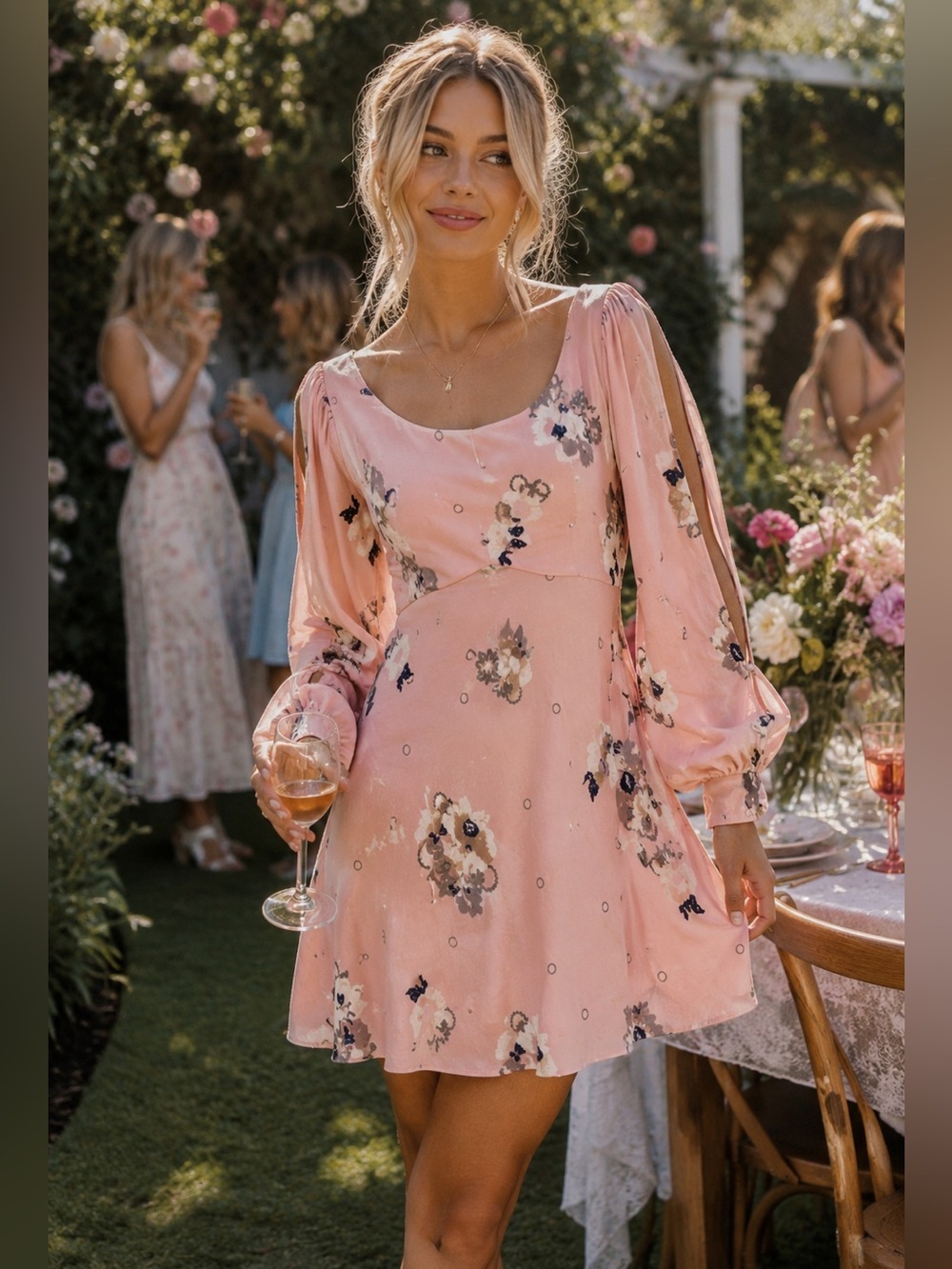 NWT Free People Rosebud Combo Floral Mini Dress Size 2 Pink Slit Upper Sleeve